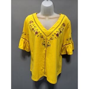 Women's Yellow Floral Liv Los Angeles Blouse Top Embroidered Bell Sleeve Size M